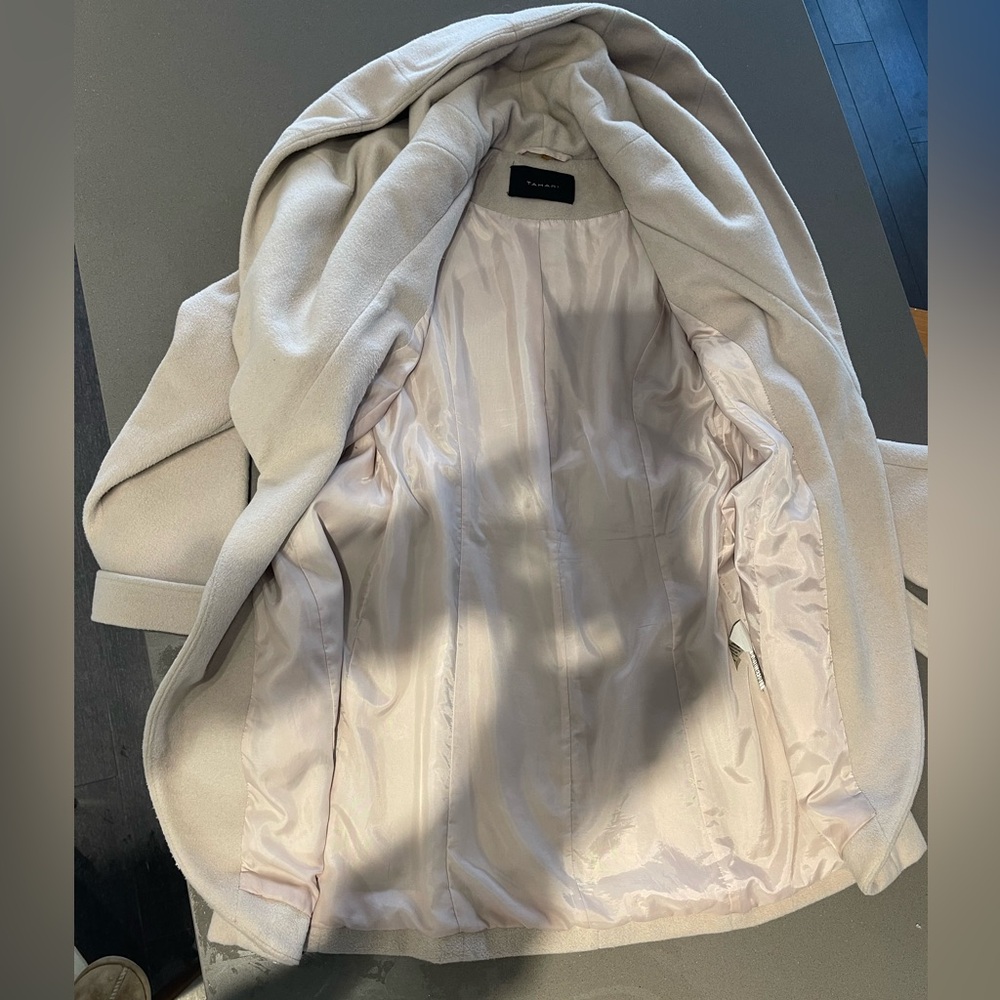 Cream wool Tahari wrap coat with oversized hood
